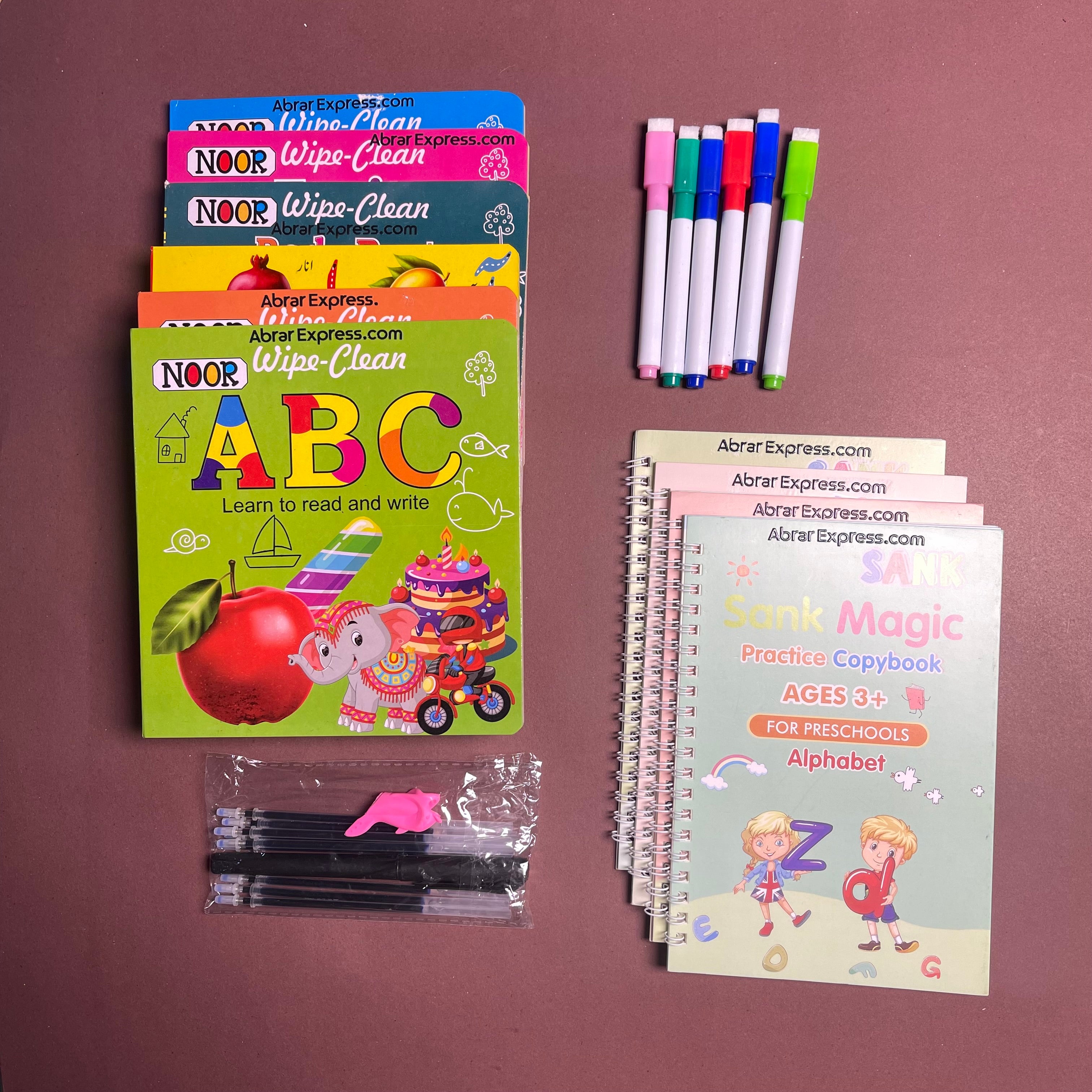COMBO 1 Read, Write & Wipe – 6 Books + 4 exercise books + 1 pen + 5 refillsLearning Bundle for Kids