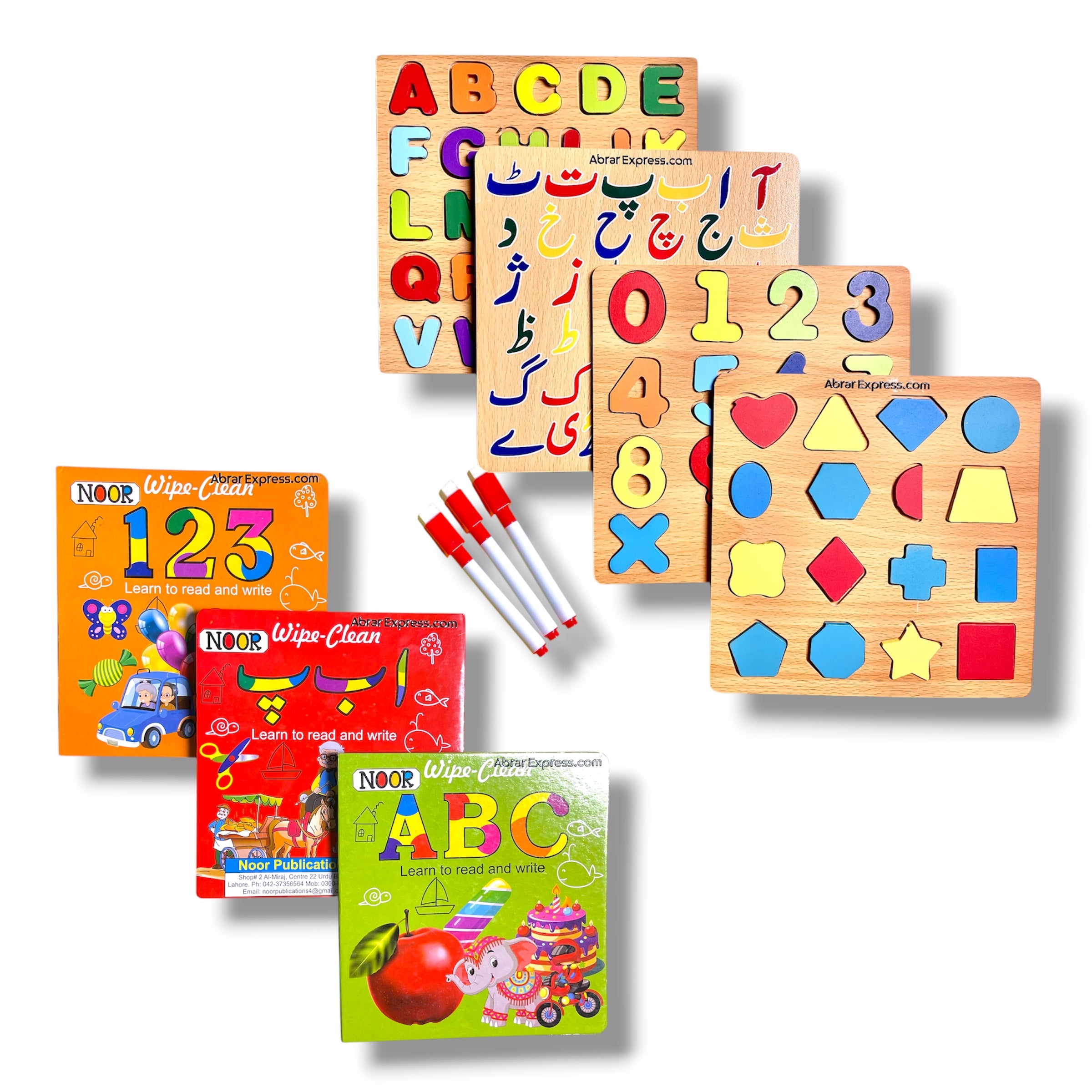 Combo Deal 2 Montessori ABC,Shapes,123 and Alif Colour Puzzle Board Pack of 4 Boards + 3 Books