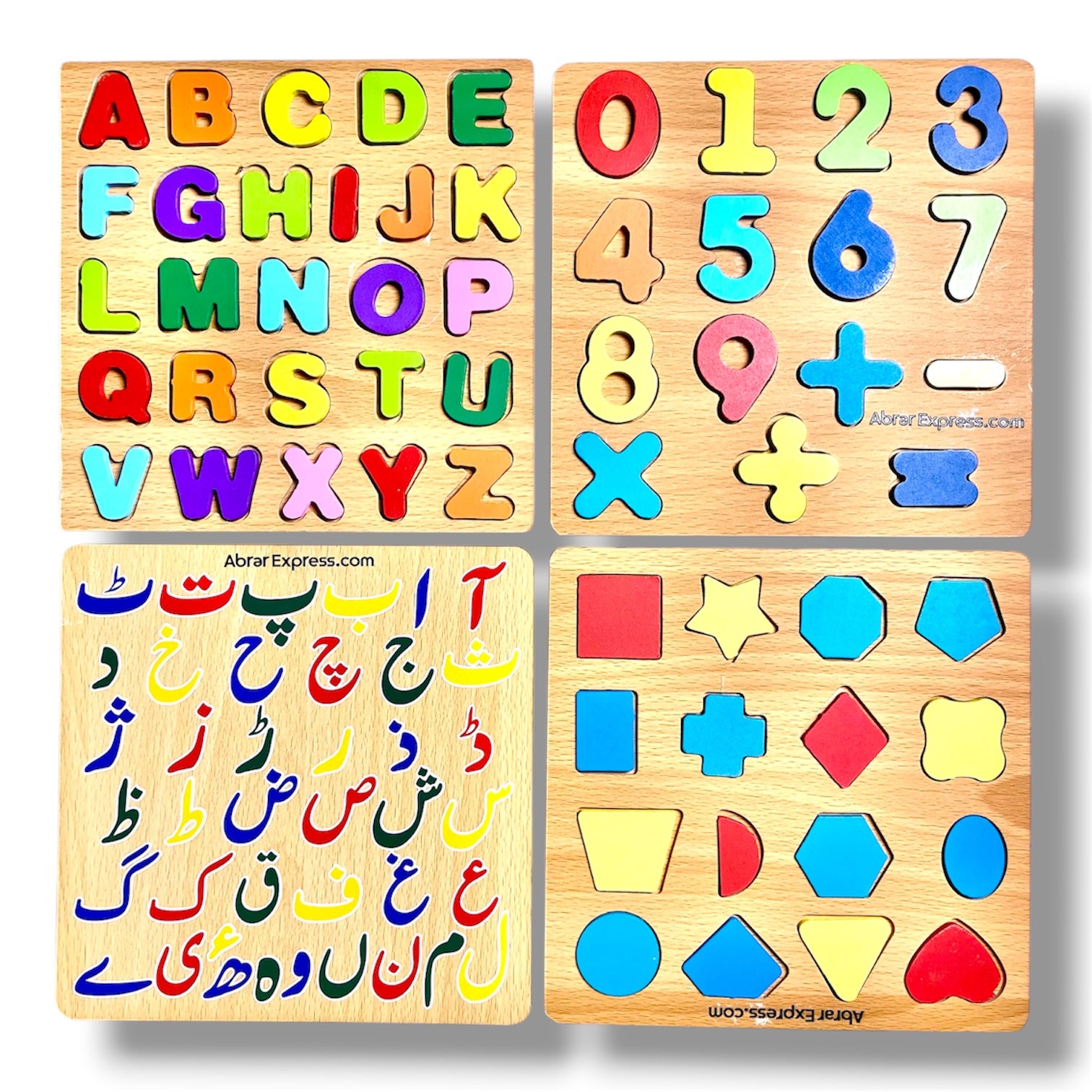 Montessori ABC,Shapes,123 and Alif Colour Puzzle Board Pack of 4 Boards